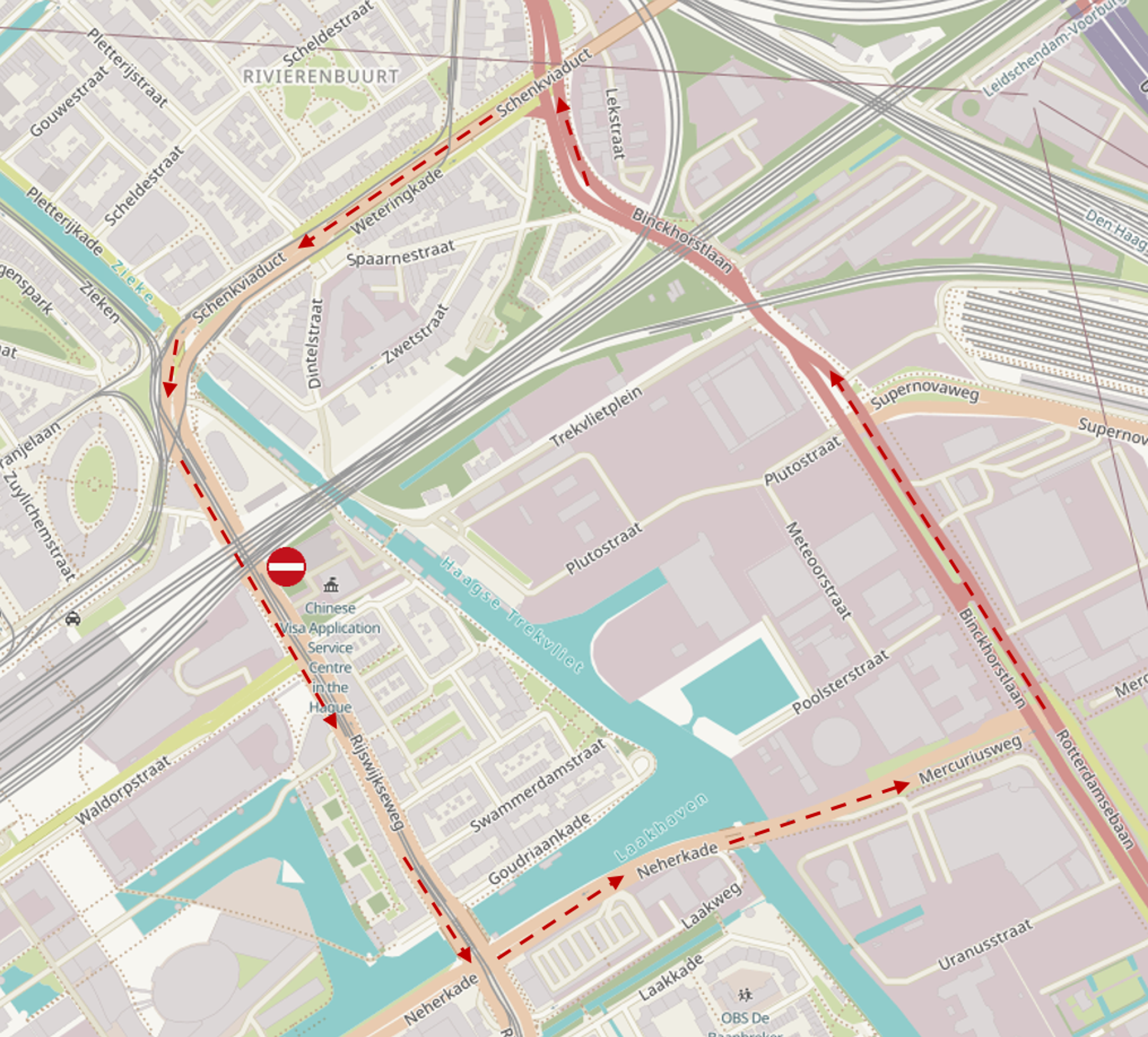 Omleidingsroute autoverkeer richting het Rijswijkseplein tussen 28 april en 22 mei, elke vrijdag 21:00 uur tot maandag 05:00 uur 