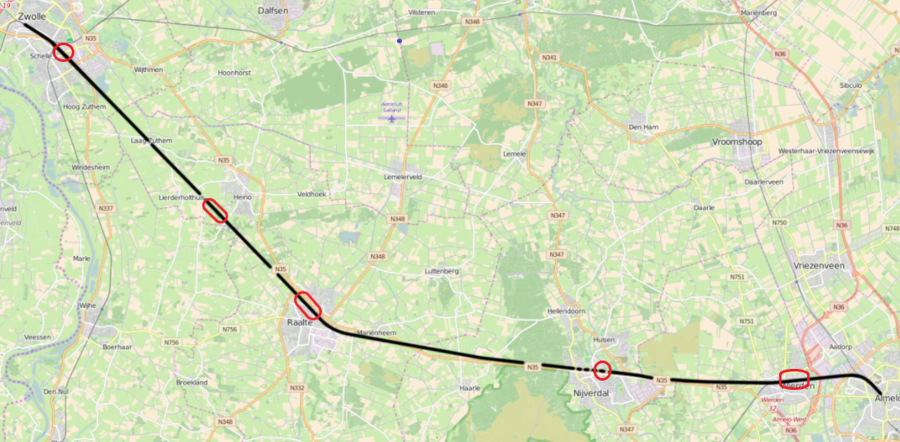 De vijf plaatsen waar aanpassingen worden gedaan. Vlnr Zwolle, Heino, Raalte, Nijverdal en Wierden