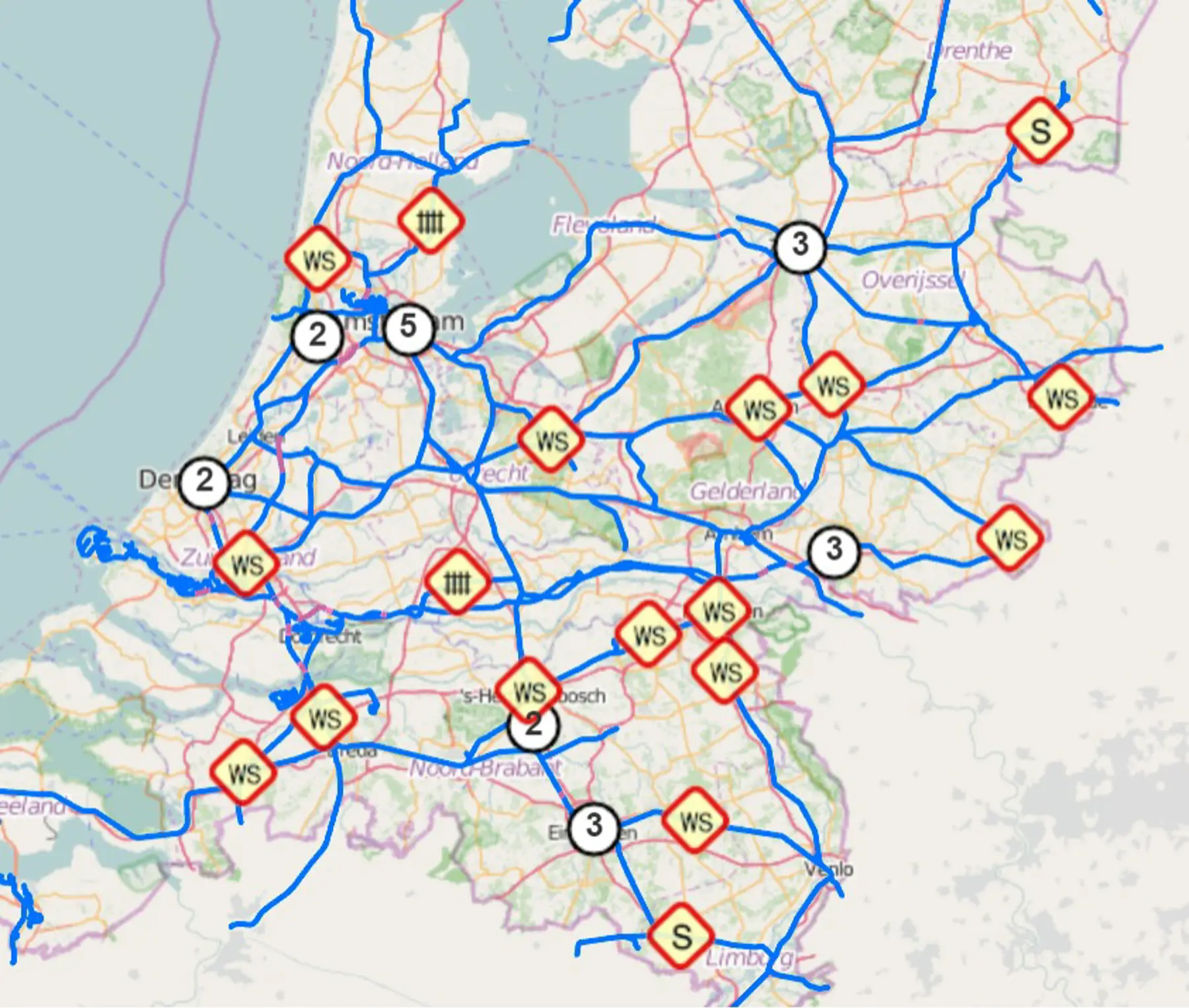 Overzichtskaartje van alle storingen