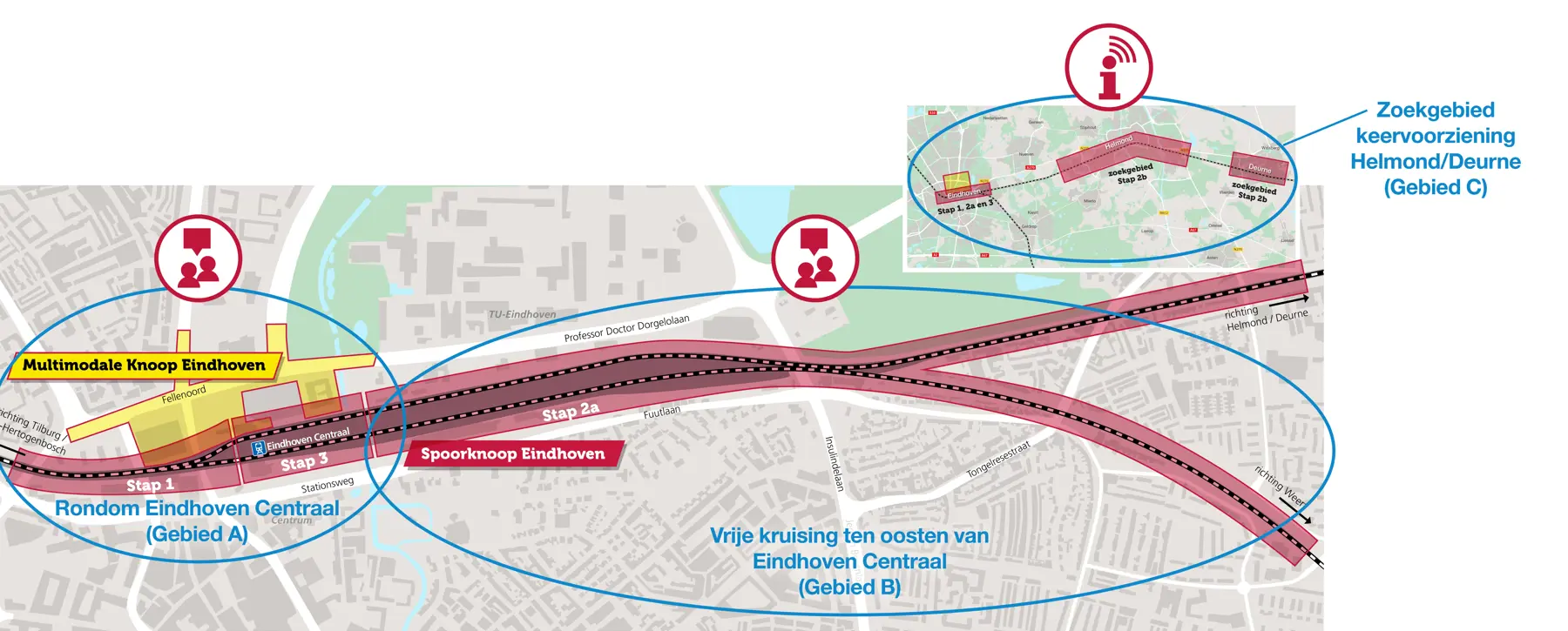 Kaartje van de drie gebieden Eindhoven Spoorknoop