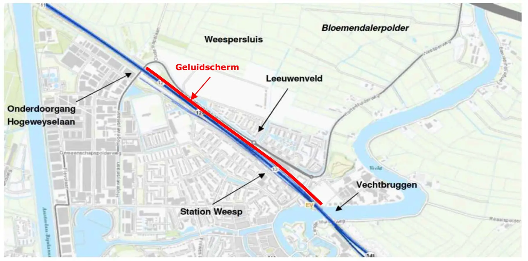 De plek van het geluidsscherm op kaart