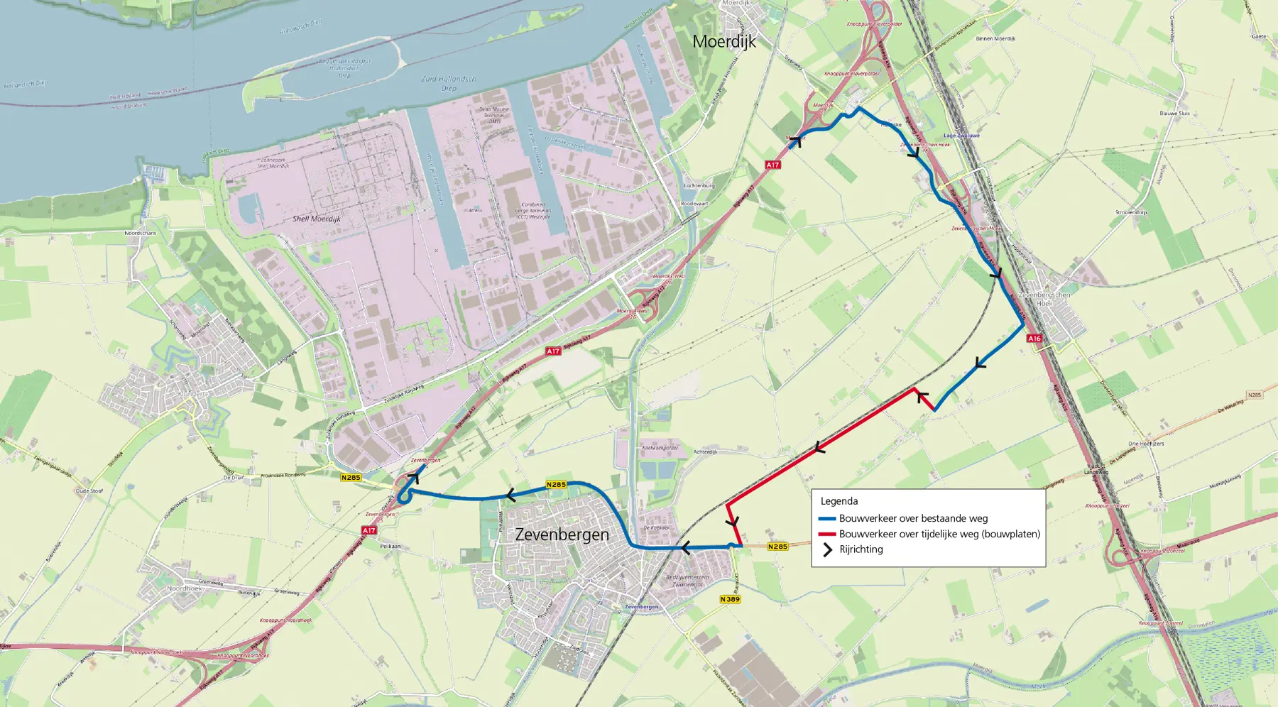 Route van het bouwverkeer op kaart