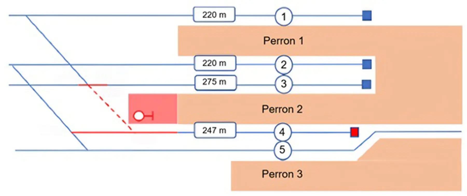 Schematische voorstelling van perrons en sporen