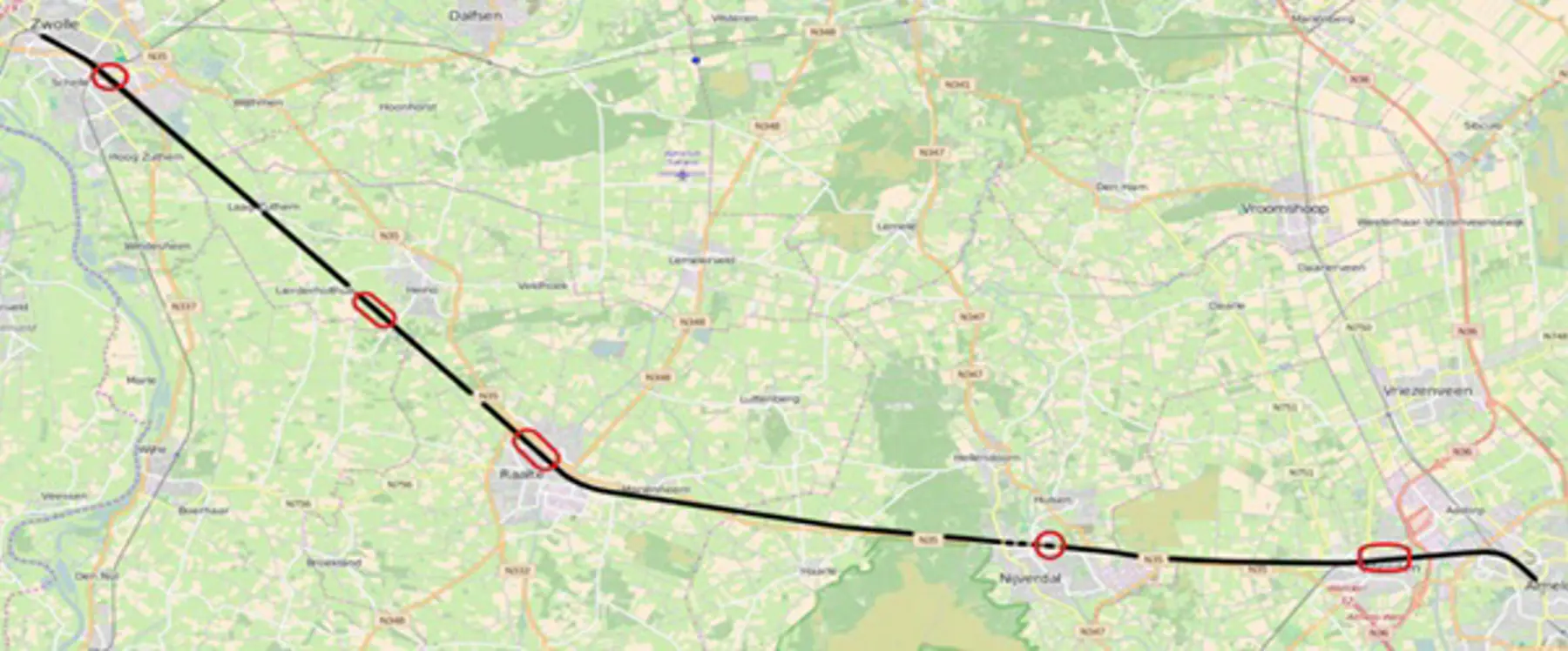 De vijf plaatsen waar aanpassingen worden gedaan: van links naar rechts Zwolle, Heino, Raalte, Nijverdal en Wierden